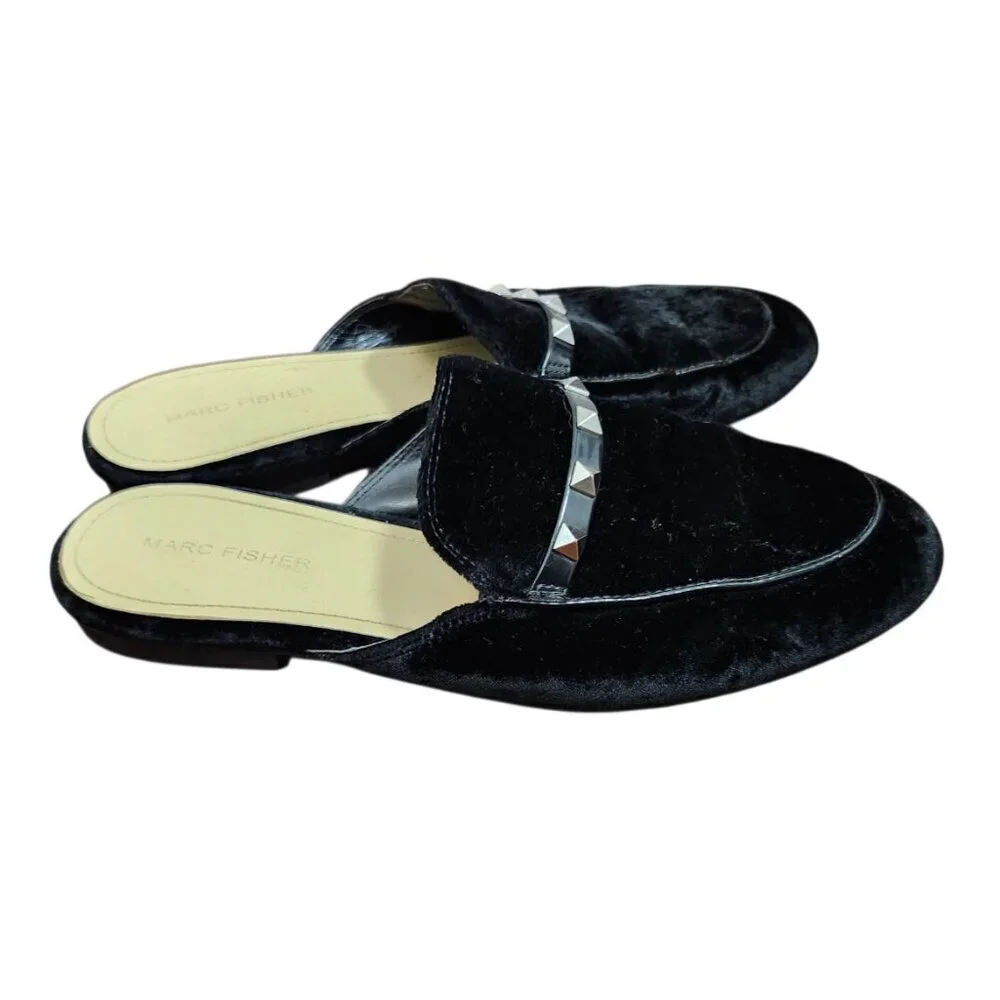 Marc Fisher Women's SZ 8.5 Wishing Mules Black Velvet Studded Slip On Loafers